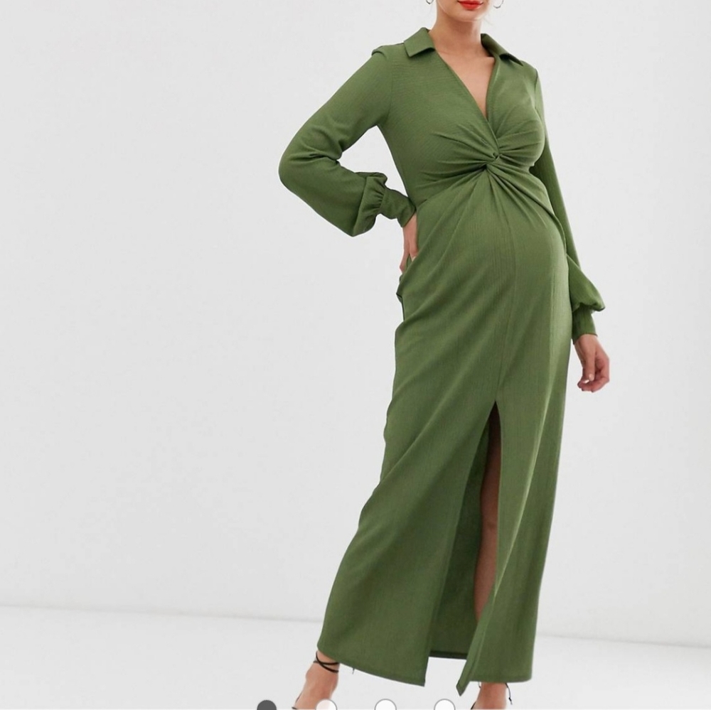 ASOS Maternity Olive Green Twisted Front Midi Dress